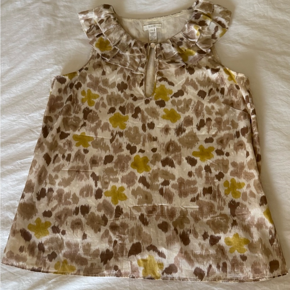 J. Crew Beige, Brown & Yellow Floral Ruffle Tank Silk Cotton blend